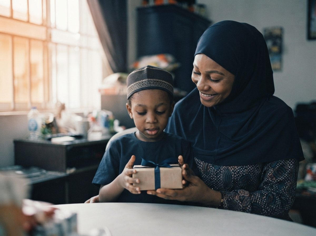 A mother and her son holding a wrapped gift together.