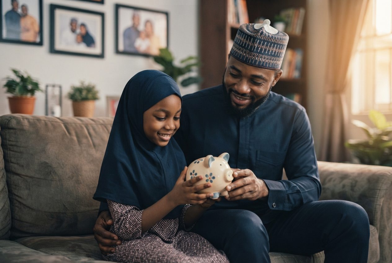 A father and his daughter smiling at a piggy bank together.